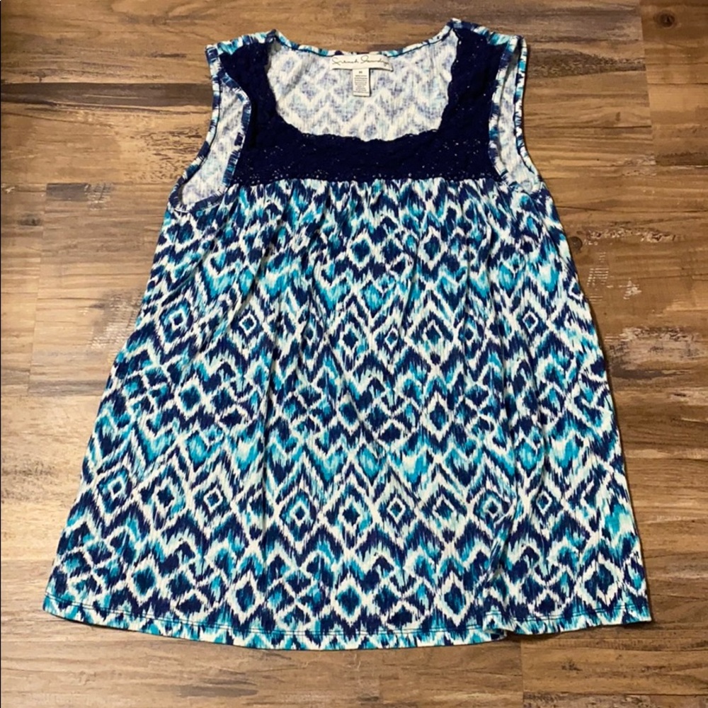 French Laundry Blue and White Patterned Top